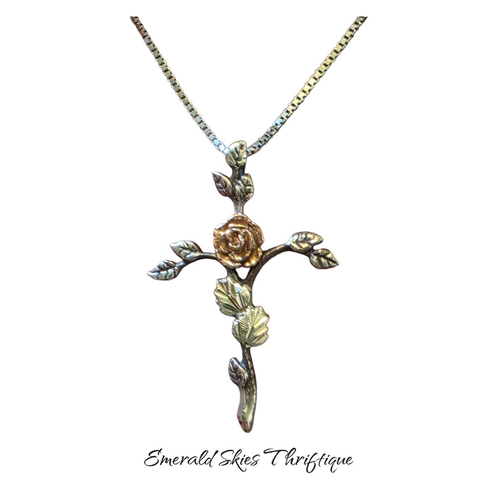 12k Black Hills Gold, Sterling Silver Cross Necklace silver chain